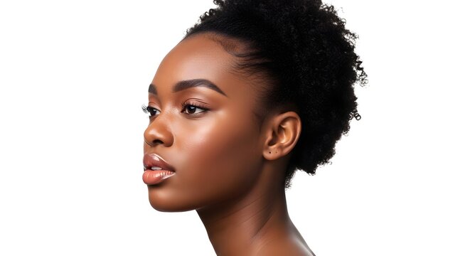 Beautiful Black Woman Profile, Glowing Skin, Isolated on White