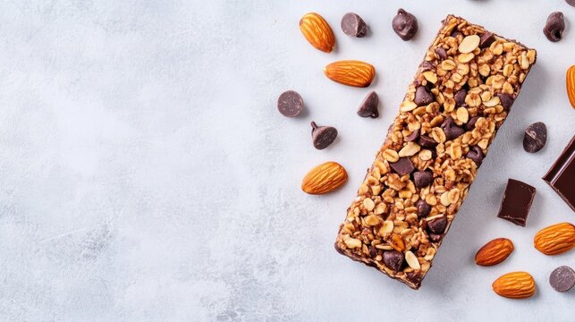 healthy granola bar almonds dark chocolate chips flat lay overhead clean background copy space nutritious snack