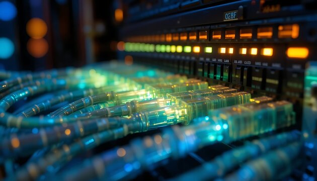 Close-up shot of a server with numerous fiber optic cables and patch panel in a data center with a shallow depth of field and warm blue tones.