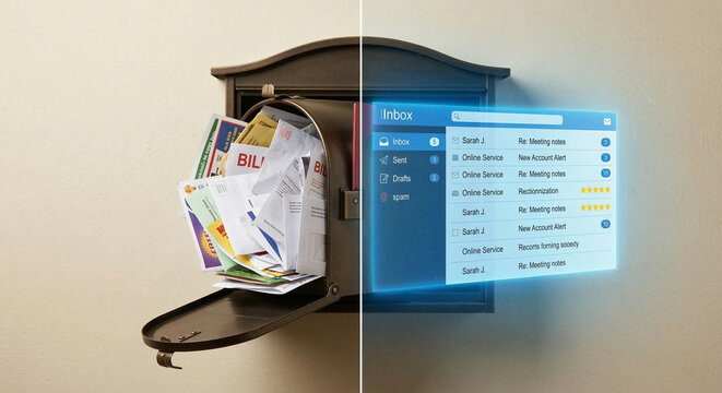 Conceptual split image contrasting overflowing physical mailbox with a sleek digital inbox.