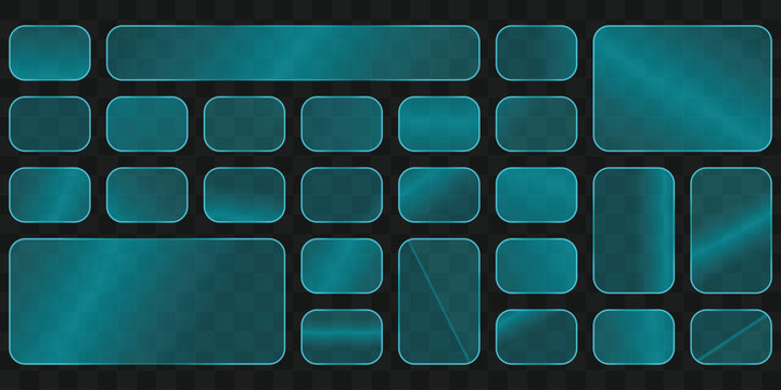 Set of glowing turquoise glass buttons and ui elements with rounded corners, isolated on a dark transparent background.