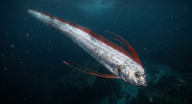 Rare giant oarfish swimming in the deep blue ocean waters.