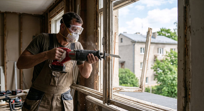 Construction worker using a reciprocating saw to remove an old wooden window frame during renovation.