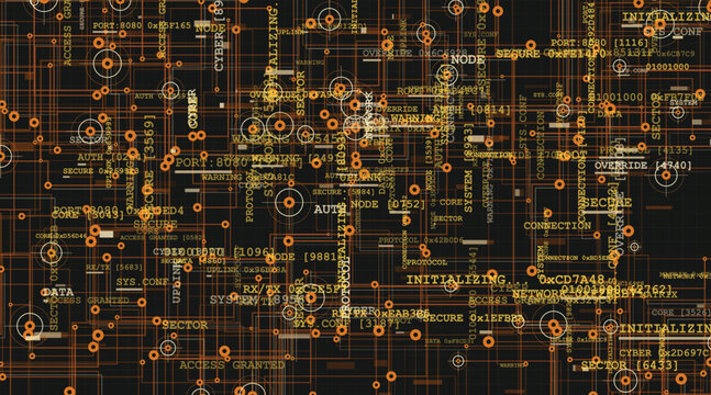 Complex network UI dashboard layout. Futuristic tech data stream template. Orange glowing cyber HUD background. Editable vector EPS graphic illustration for web banners. 