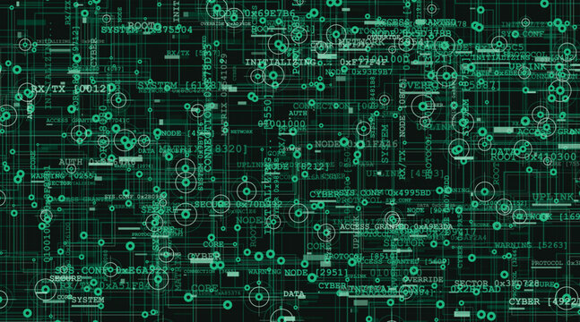Green glowing digital HUD interface. Matrix hacker code screen background. Futuristic cyberspace presentation layout template. Abstract EPS vector graphic UI element. 