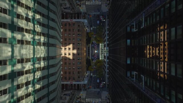 Symmetrical city flying through New York City canyon with mirror effect creating abstract and surreal urban architectural inception psychedelic background