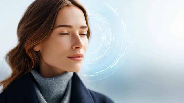 Portrait of a thoughtful woman in a dark coat and turtleneck, looking ahead with optimism and determination. Futuristic digital elements highlight themes of progress and visionary thinking
