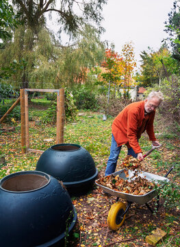 Senior man putting leaves in composters