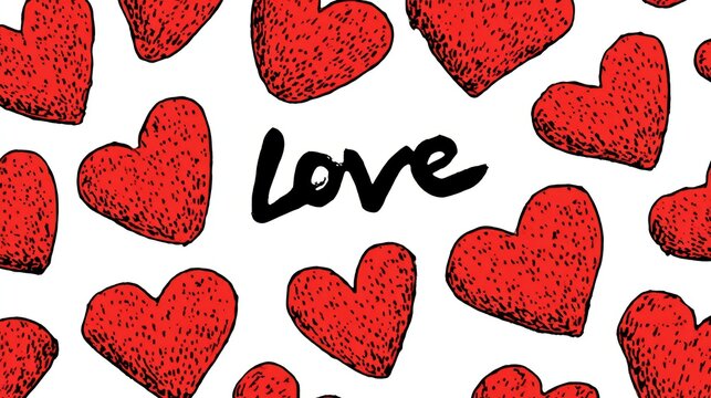Romantic love theme for Valentines Day. A vibrant red heart pattern with the word love written in black against a white background, creating a striking contrast.