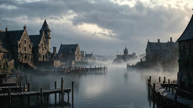 Misty medieval waterfront village with stone buildings in realistic style on a foggy river backdrop, concept of fantasy mood