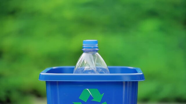 Close-up slow motion of a hand placing a clear plastic water bottle into a blue recycling bin with a green recycling symbol, symbolizing environmental responsibility and