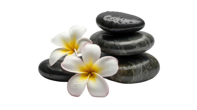 Stacked gray stones with white flowers stacked stones plumeria isolated on a transparent background
