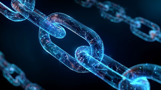 Glowing blue digital chain links connected in a network with intricate geometric wireframe