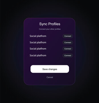 Dark mode UI modal window showing social profile sync options with purple neon accents