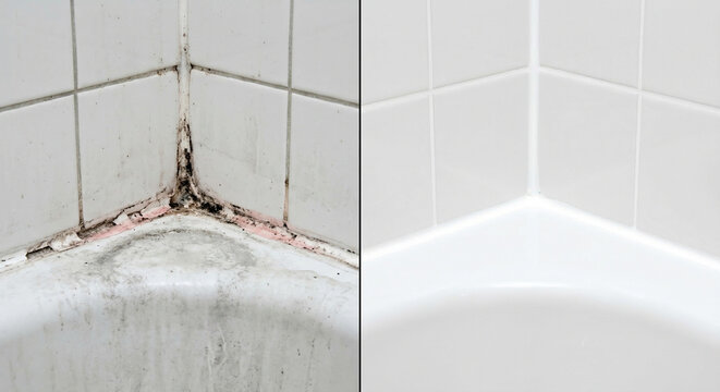 Moldy and clean bathroom corner with white tiles and bathtub.