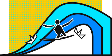 Obraz premium A stylized graphic illustration of a person surfing on a large blue wave against a yellow backdrop