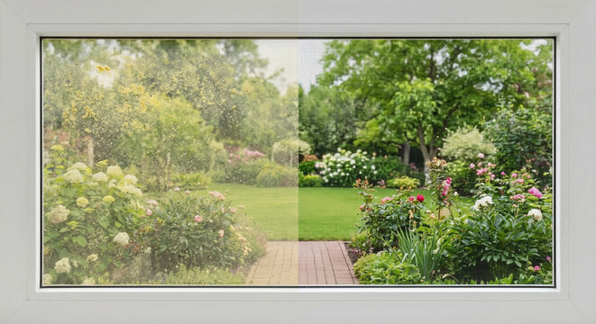 Dirty and clean window screen with a beautiful garden view