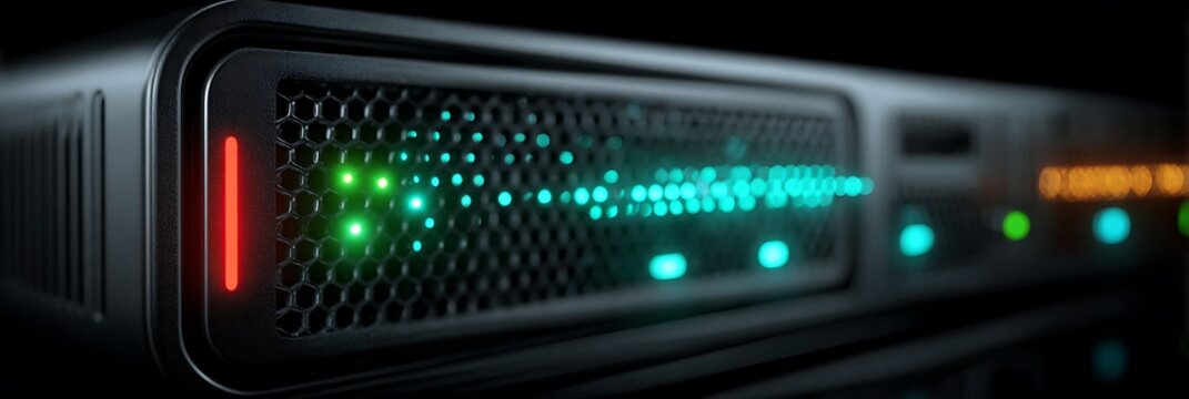 Advanced Enterprise Server Hardware Featuring Glowing Green Status Indicators and Data Processing Lights for Modern Cloud Computing and Network Infrastructure