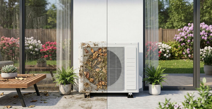 Outdoor air conditioner unit before and after cleaning from fallen leaves.