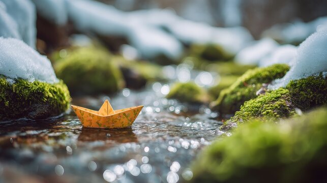 Spring snow ice thaw, end of Winter Season, hope, fresh start. A paper boat floating in a stream, surrounded by mosscovered rocks and illuminated by a soft, blurred background.