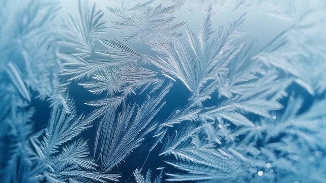 Intricate frost patterns forming on window glass in slow motion, showcasing delicate ice crystals and fractal designs, symbolizing winter, cold, and natural beauty.