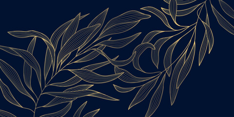 Naklejka na ściany i meble Luxury gold line floral pattern, elegant leaves and flowers, blue background. Vector illustration Japanese ornament, Art Deco, Nouveau style, modern vintage aesthetic, wedding invitations, perfume