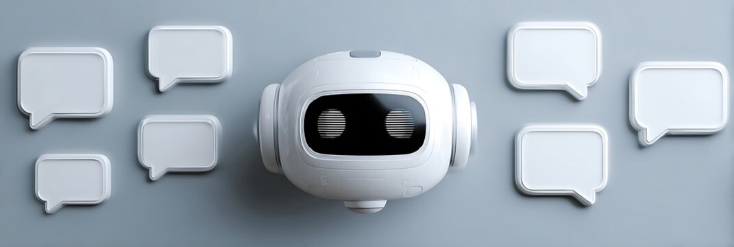 Advanced AI Chatbot Head with Multiple Speech Bubbles Representing Automated Customer Support, Virtual Assistant Technology, and Innovative Digital Communication Solutions.