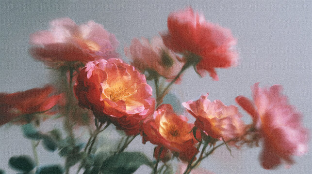 Soft blurred Y2K peach flower vintage background. Delicate bloom in warm pastel tones with dreamy light leak and soft focus creating a calm, romantic and aesthetic atmosphere.