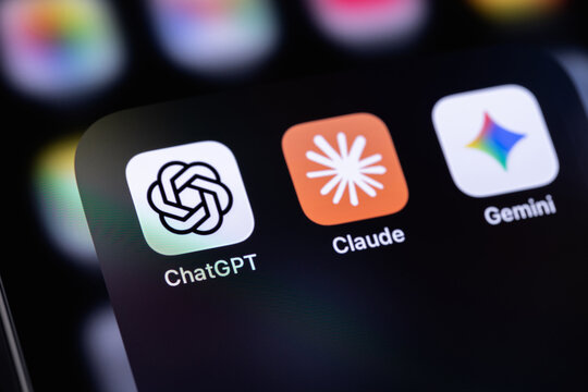 ChatGPT (OpenAI), Claude (Anthropic), Gemini (Google) mobile icons app on a screen smartphone iPhone. Claude, ChatGPT, Gemini are leading AI-powered chatbots. Batumi, Georgia - February 19, 2026