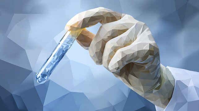 Low poly geometric of a hand in a white glove holding a test tube with blue liquid