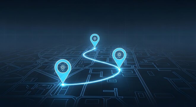 A glowing blue route map with three location pins on a dark background