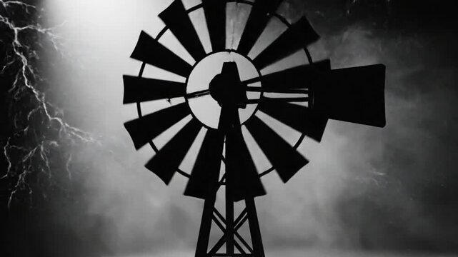 Dramatic black and white silhouette of a windmill spinning during a thunderstorm with dramatic lightning