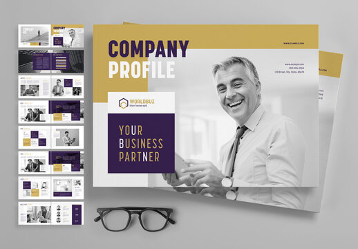 Company Profile Landscape Layout with Golden Accents