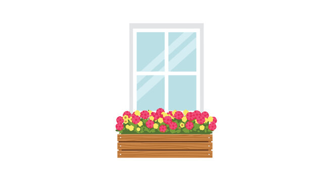 A white-framed window with light blue panes sits above a wooden flower box filled with pink and yellow blooms.