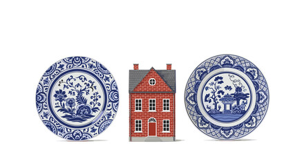 Obraz premium A small red brick house is positioned between two decorative blue and white patterned plates on a white surface.