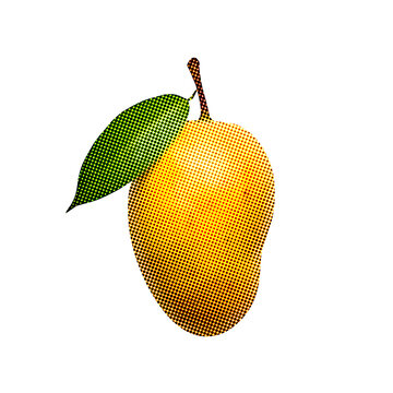 A stylized mango fruit graphic featuring a vibrant halftone dot pattern and a single green leaf isolated on transparent background, illustration