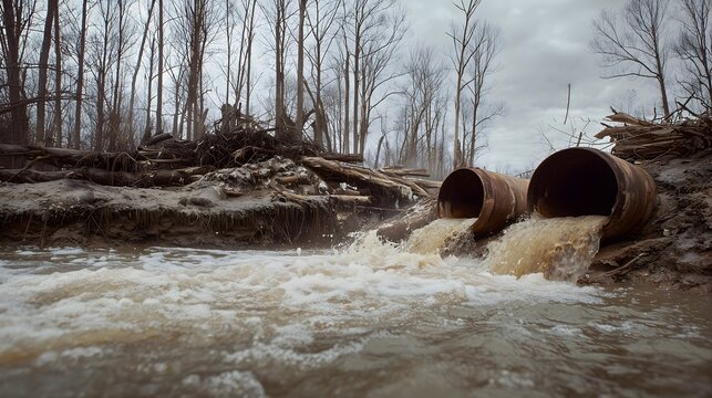 Polluted water flowing from drainage pipes into river, environmental contamination concept, industrial waste and water pollution, ecosystem damage, climate and sustainability crisis background