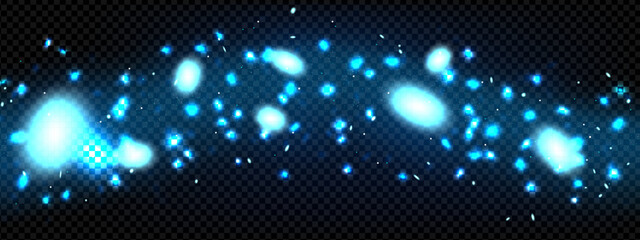 Obraz premium Magic light and firefly overlay with glowing blue particle dust. Vector illustration isolated on dark backdrop and enhanced. Soft mystical mist sparkling night effects of twinkling wave on screen