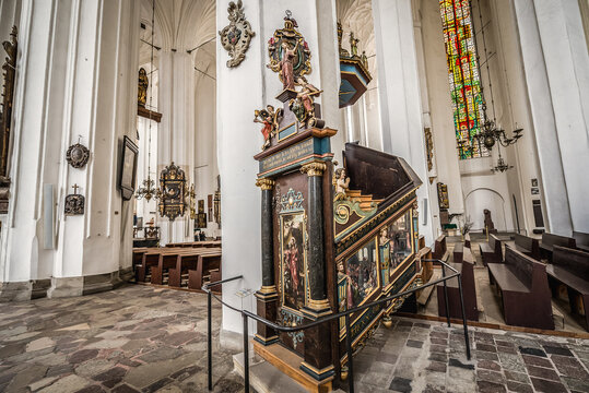 Wooden pulpit in main nave of Basilica of Assumption of the Blessed Virgin Mary, known as Saint Mary's Church, Gdansk, Poland