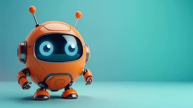 Adorable orange robot character with glowing blue eyes blinking and looking curious on a clean turquoise background, symbolizing artificial intelligence