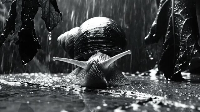 Black and white close up of a snail in a rainy environment surrounded by leaves