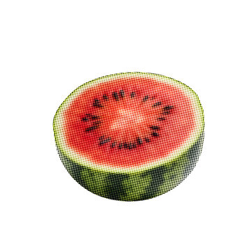 A vibrant half slice of refreshing watermelon rendered in a distinct artistic halftone dot style isolated on transparent background, illustration