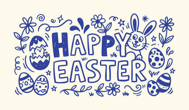 Hand Drawn Easter Doodle Illustration with Cute Bunny, Chick in Egg, and Floral Ornaments on Cream Background