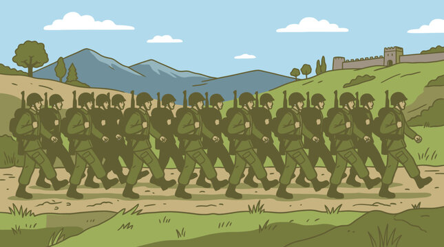 Military Training Exercise with Soldiers in Uniform Marching Across a Scenic Landscape