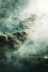 Fototapeta premium Geothermal hot springs resort, spa, bath pool, relaxation vacation theme. A serene scene of a river flowing through a misty haze, with the waters surface illuminated by the suns rays.
