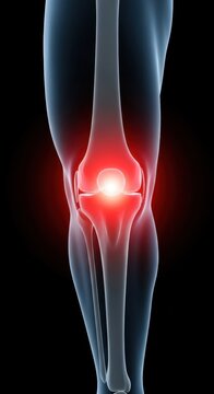 nieschmerzen und Gelenkprobleme Konzept: 3D-R&ouml;ntgenillustration eines menschlichen Beins mit rot leuchtendem Kniegelenk (Arthrose, Entz&uuml;ndung.