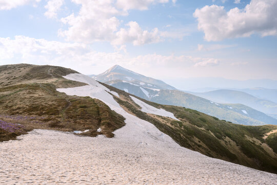 Sunny day in spring Carpathian mountains with highest peak of Ukraine - Hoverla (2 061 m). Landscape photography