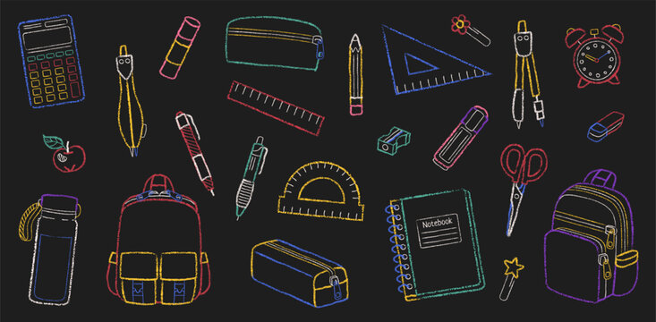 Hand-drawn chalk back to school set. School supplies drawn in chalk on a dark background. Backpack, ruler, scissors, notebooks, pencil case, compass and other.