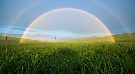 Obraz premium A vibrant double rainbow stretches across a serene green meadow under a blue sky