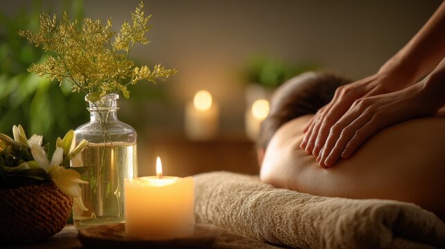 Therapy stress release treatment, health lifestyle. In this image we can see a person lying on a cloth. Beside the person there is a candle and a bottle containing water and flowers.